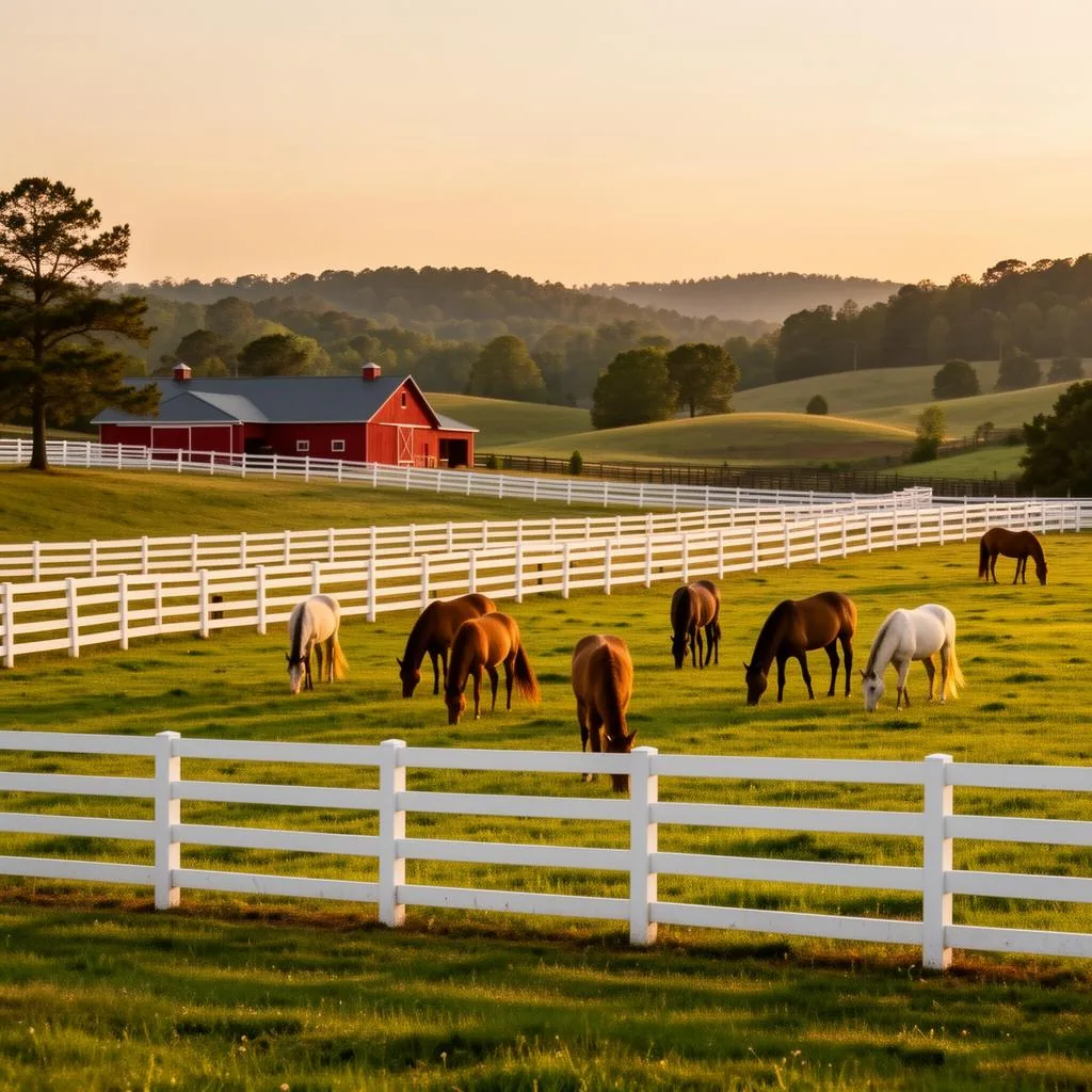 Horse grazing on a working equestrian farm in the rolling pastureland of Northeast Georgia
