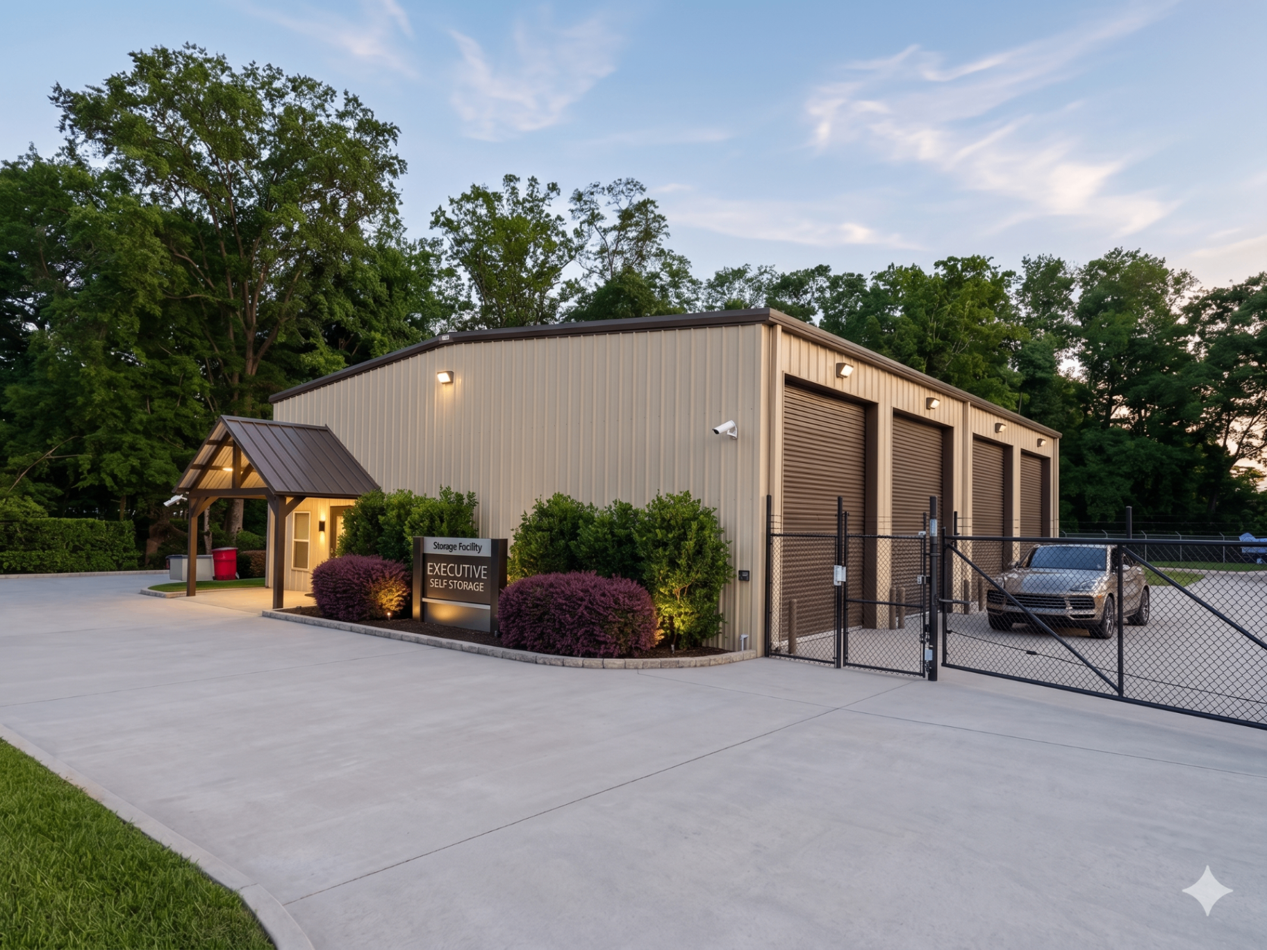 Executive Self Storage RV and boat storage facility exterior with secure gated entry